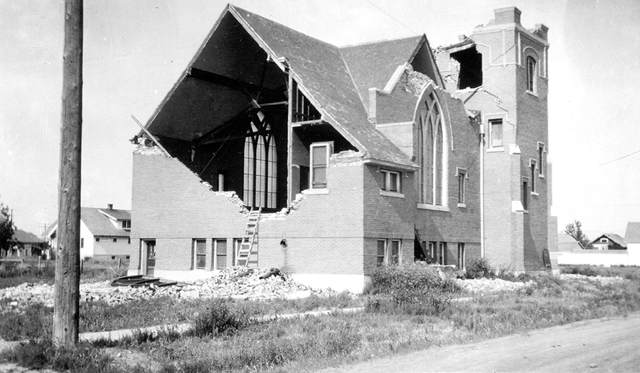 Three Forks Church damaged by 1925 Clarkston Valley Earthquake