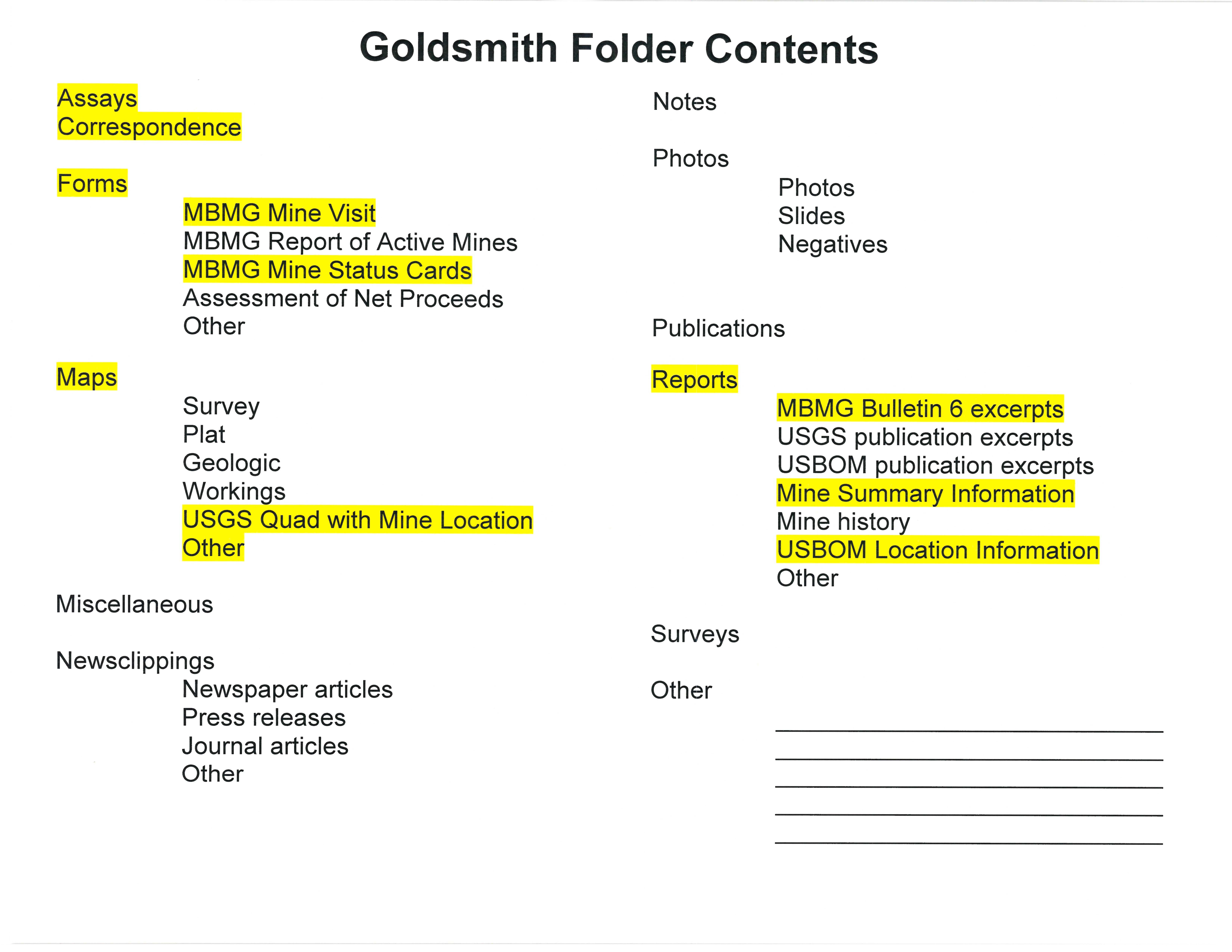 Goldsmith Folder Contents | Beaverhead Mine Documents