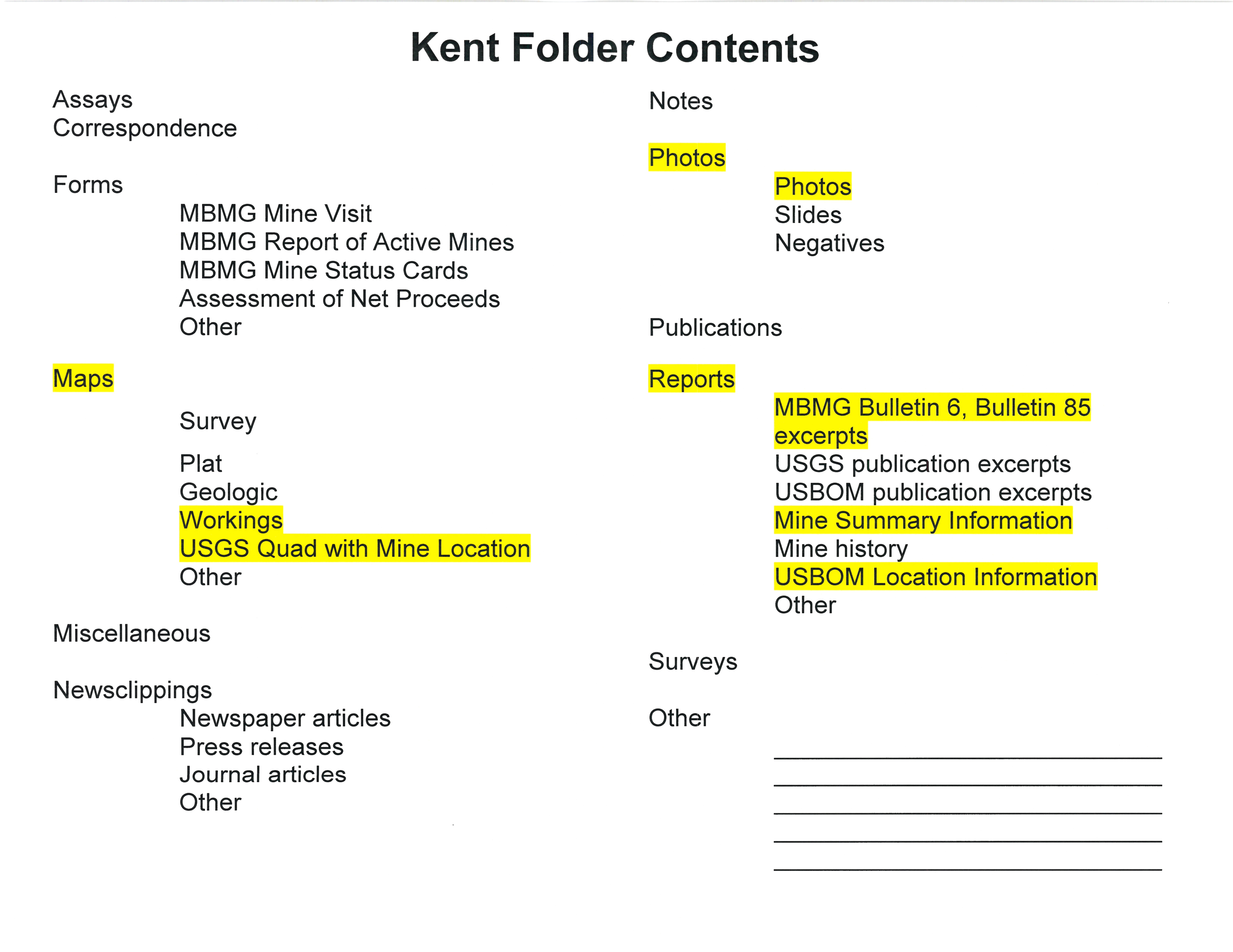 Kent Folder Contents | Beaverhead Mine Documents