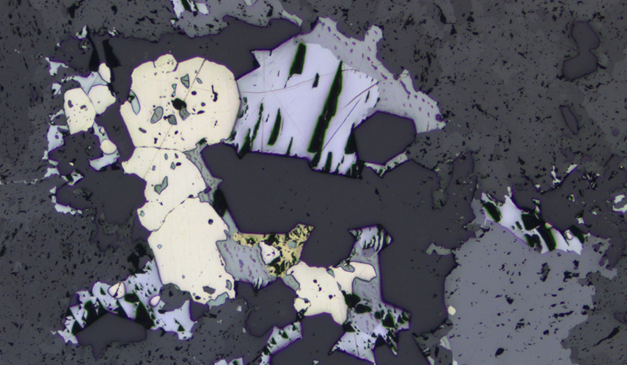 Reflected light ore microscopy image, pyrite, sphalerite, galena, chalcopyrite; FOV = 3mm