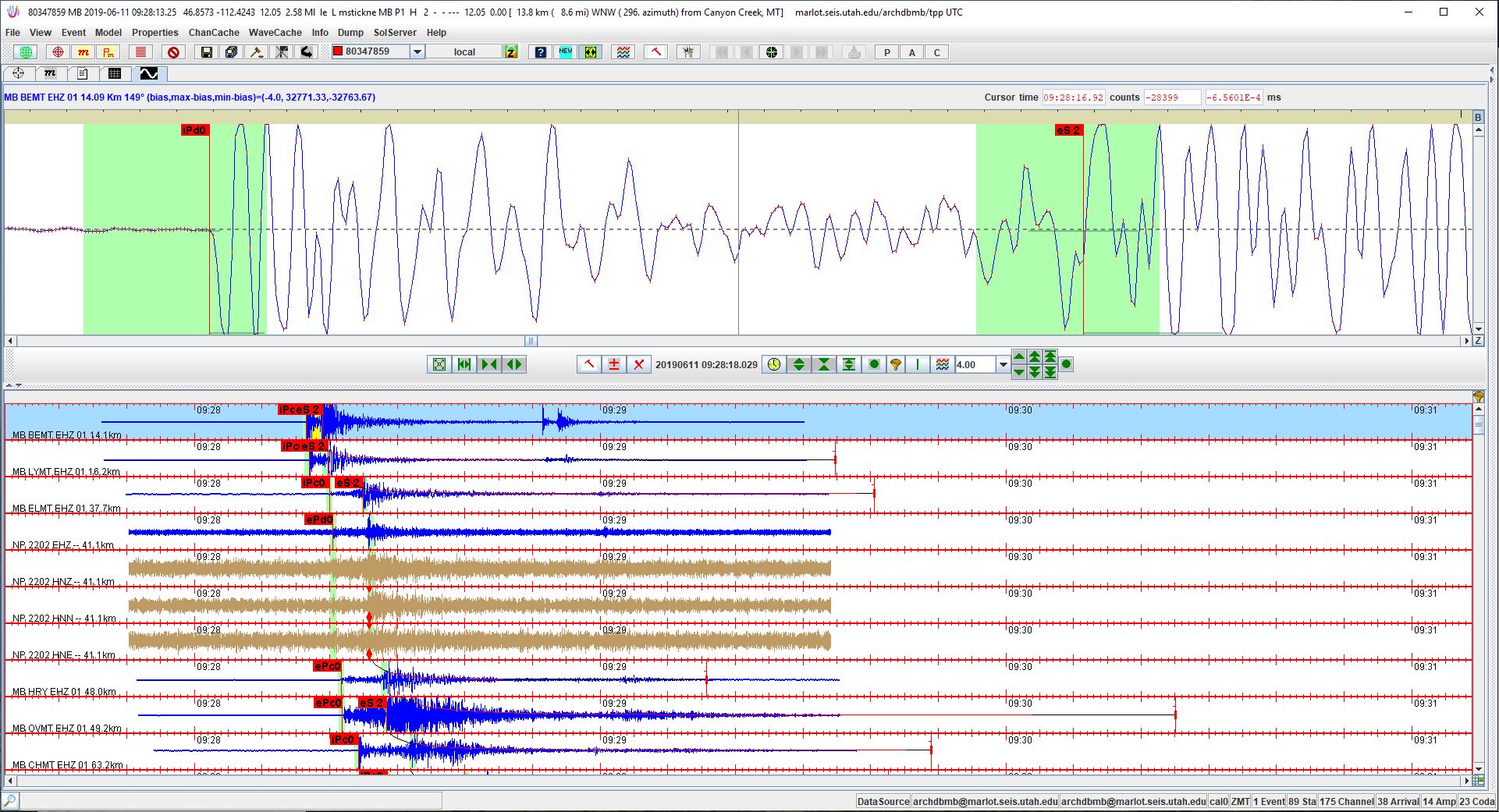 The event view in Jiggle showing the seismic traces that recorded a local earthquake.