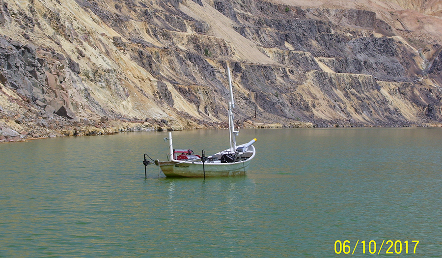 MBMG drone boat after launch in the Berkeley Pit, 2017
